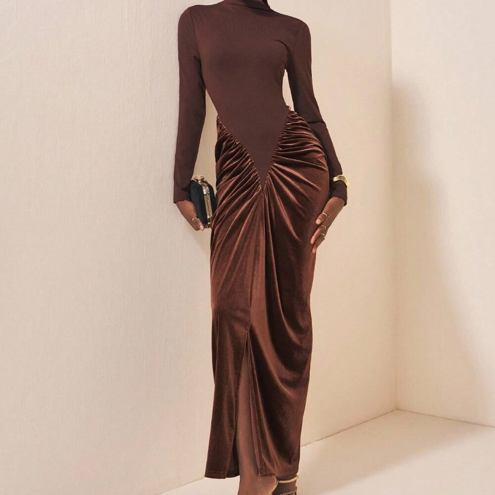 Brown Elegant Women's Velvet Maxi Dress